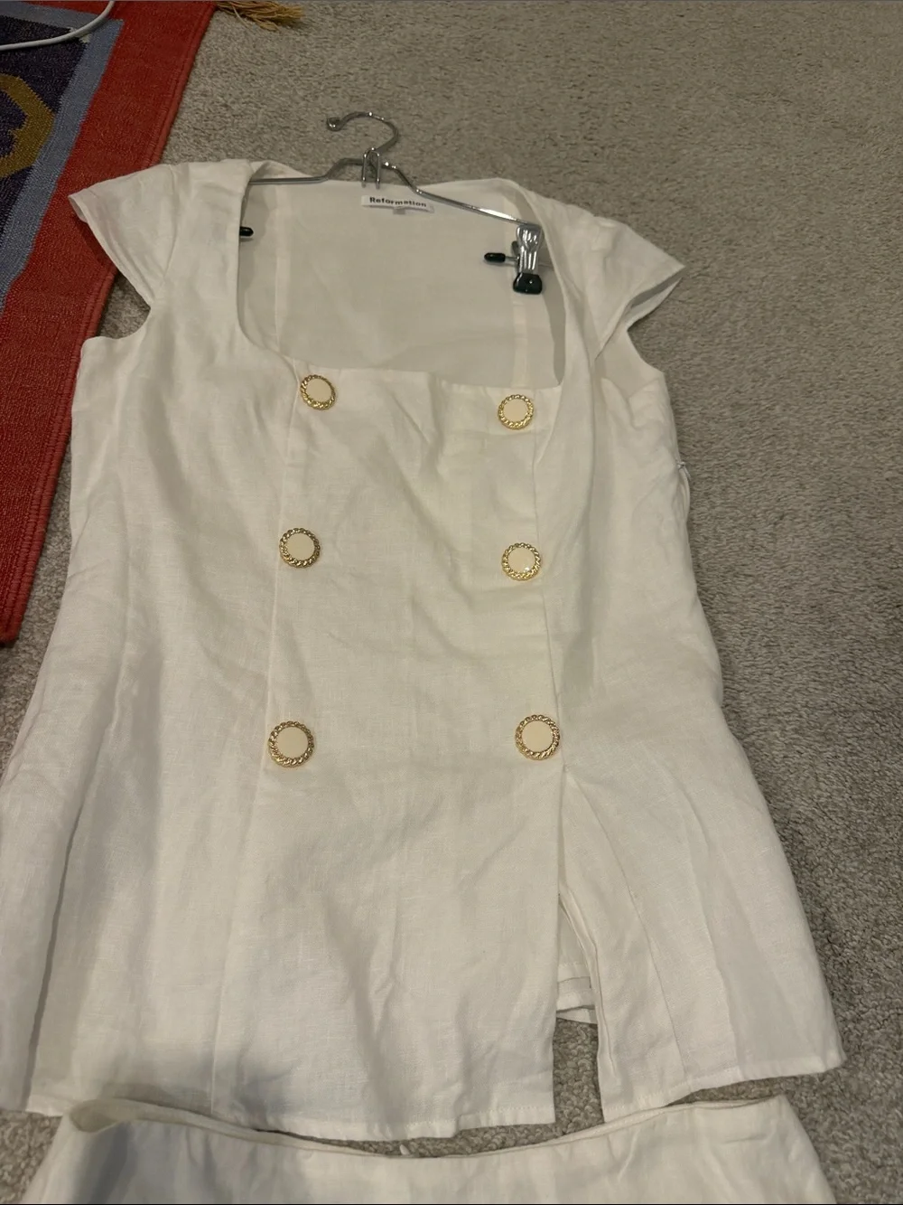 Reformation Cream Two-Piece Linen Skirt Set with Gold Buttons